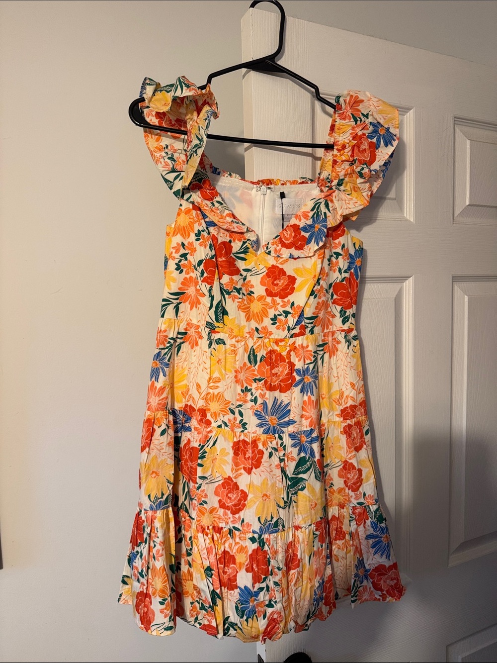 Sugarlips Floral Ruffle Sundress - White with Orange, Blue & Yellow Flowers